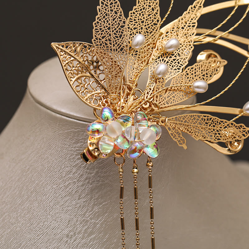 Pince à cheveux traditionnelle chinoise à pompon et fleur en feuille d'or