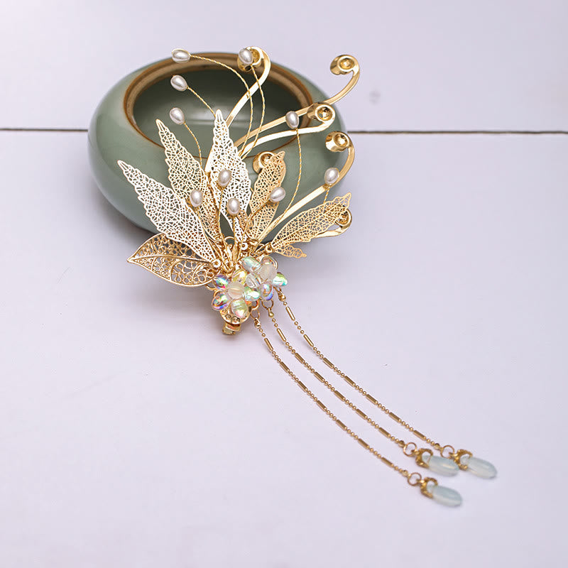 Pince à cheveux traditionnelle chinoise à pompon et fleur en feuille d'or