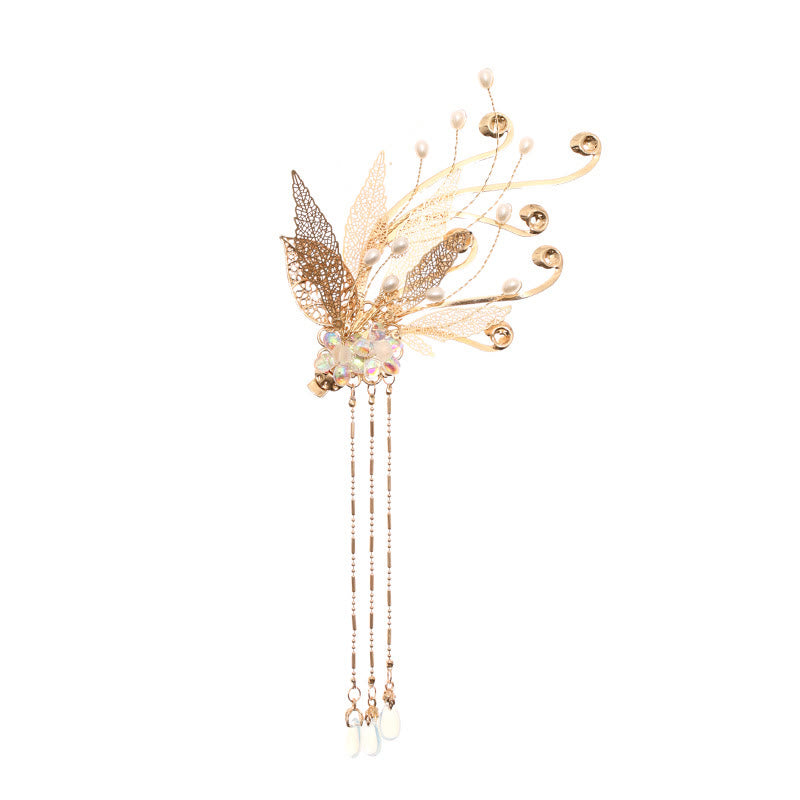 Pince à cheveux traditionnelle chinoise à pompon et fleur en feuille d'or