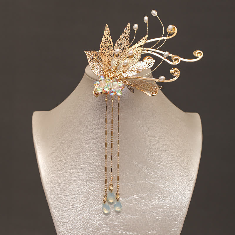 Pince à cheveux traditionnelle chinoise à pompon et fleur en feuille d'or