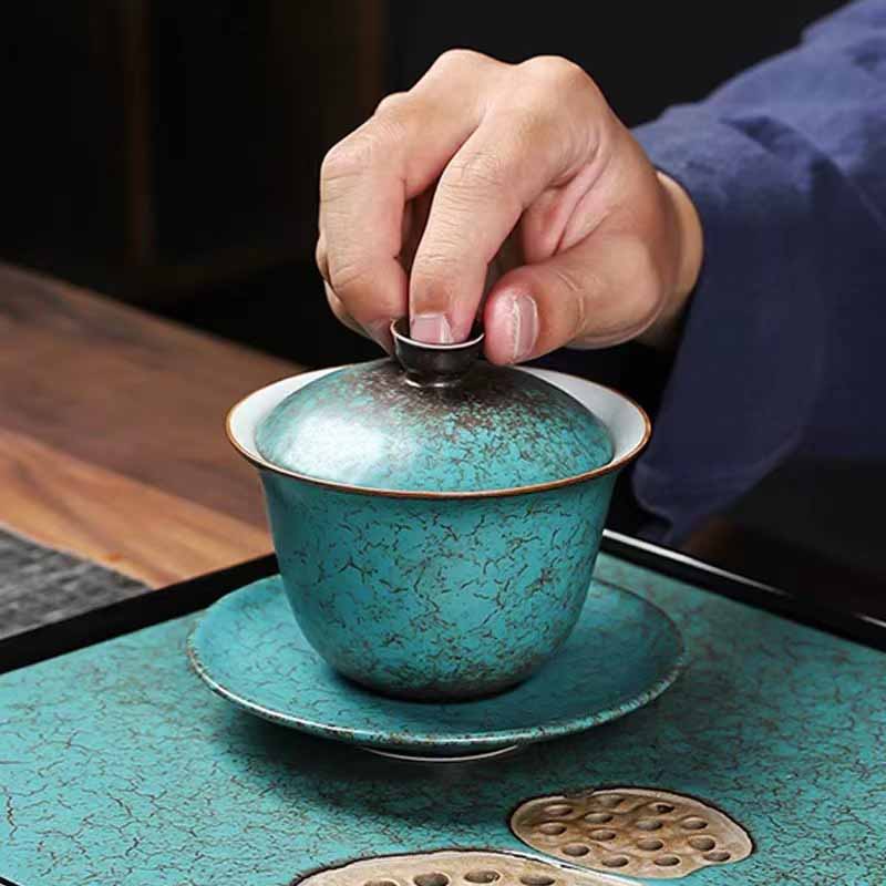 Tasse à thé traditionnelle Gaiwan en céramique verte motif pin | 150 ml | Décor zen