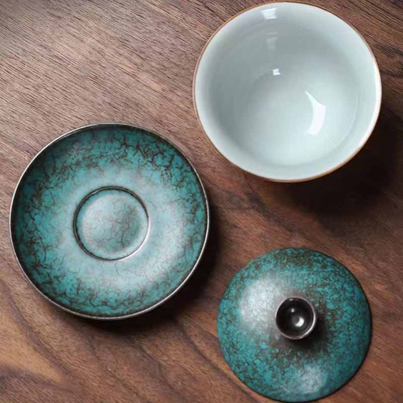 Tasse à thé traditionnelle Gaiwan en céramique verte motif pin | 150 ml | Décor zen