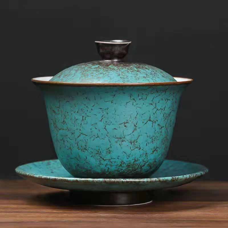 Tasse à thé traditionnelle Gaiwan en céramique verte motif pin | 150 ml | Décor zen