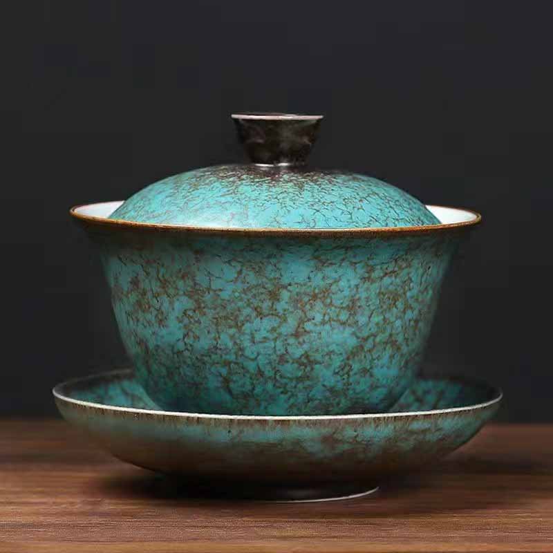 Tasse à thé traditionnelle Gaiwan en céramique verte motif pin | 150 ml | Décor zen