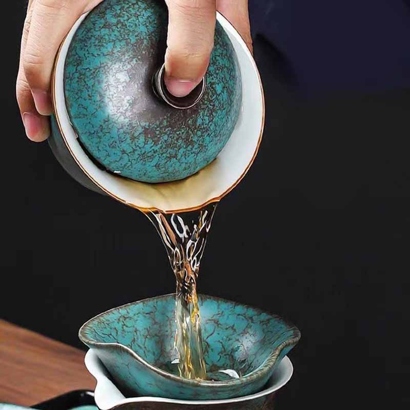 Tasse à thé traditionnelle Gaiwan en céramique verte motif pin | 150 ml | Décor zen