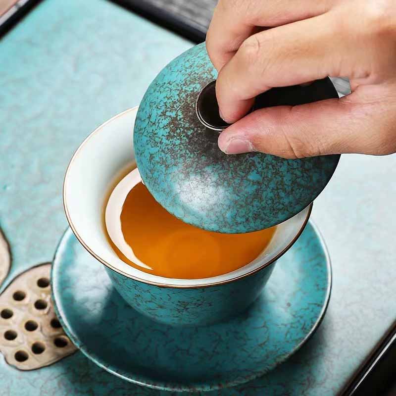 Tasse à thé traditionnelle Gaiwan en céramique verte motif pin | 150 ml | Décor zen