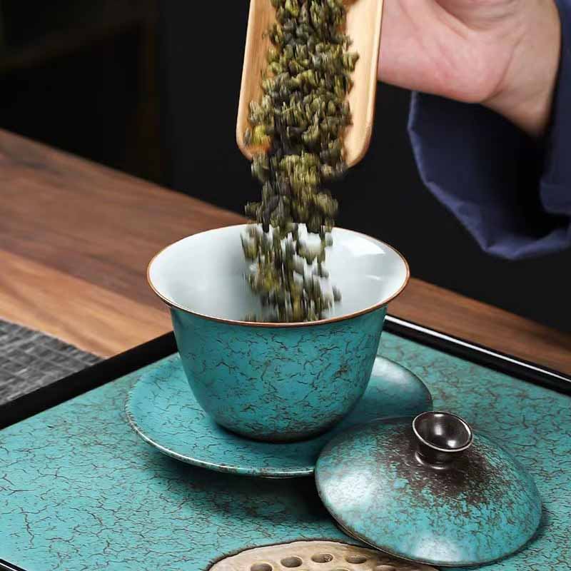 Tasse à thé traditionnelle Gaiwan en céramique verte motif pin | 150 ml | Décor zen