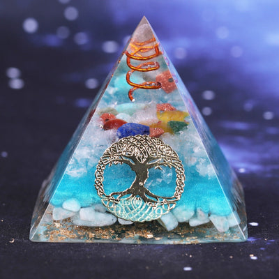 Pyramide d'orgone des 7 chakras en amazonite arbre de vie