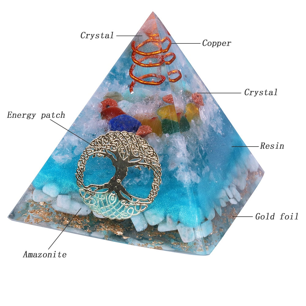 Pyramide d'orgone des 7 chakras en amazonite arbre de vie