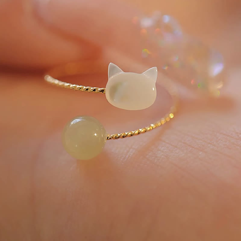 Bague de bénédiction en jade avec tête de chat en pierre Tridacna pour l'équilibre