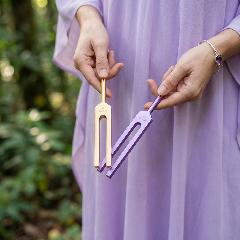 174 Hz & 528 Hz Healing Tuning Forks with Crystal Handle - Lifestyle