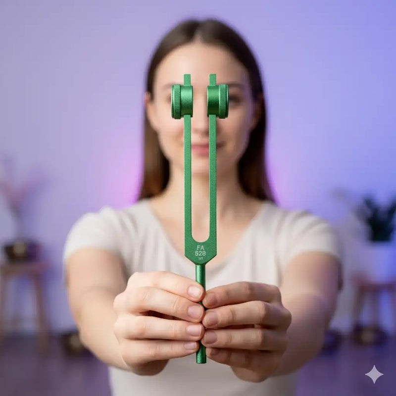 Green aluminum tuning fork with engraved markings