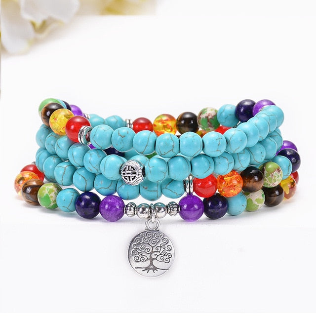 Ensemble de 108 perles de collier mala turquoise 7 chakras