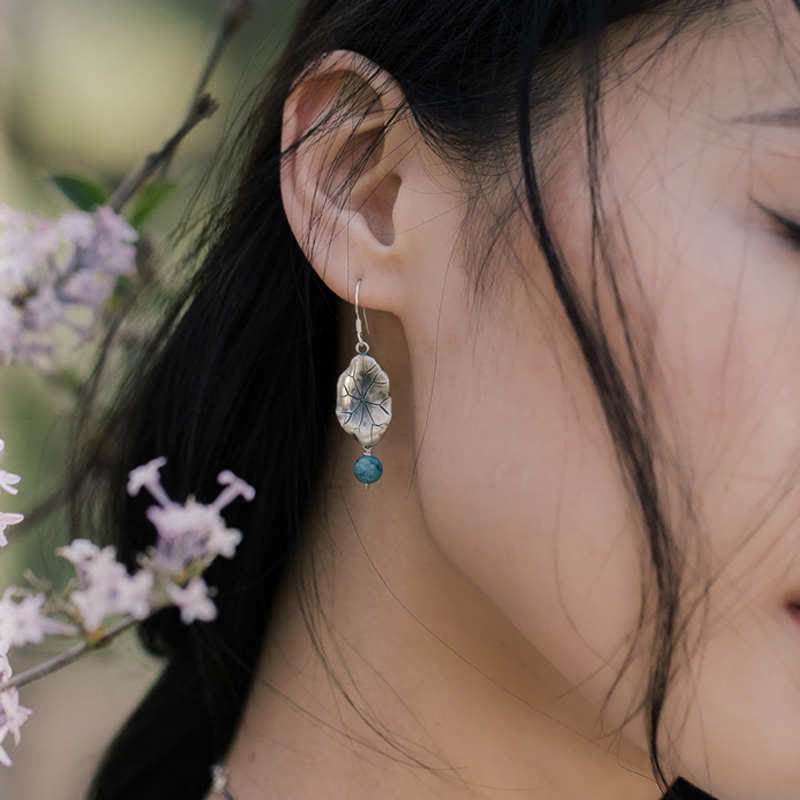 Boucles d'oreilles pendantes en feuille de lotus turquoise | Protection en argent 925