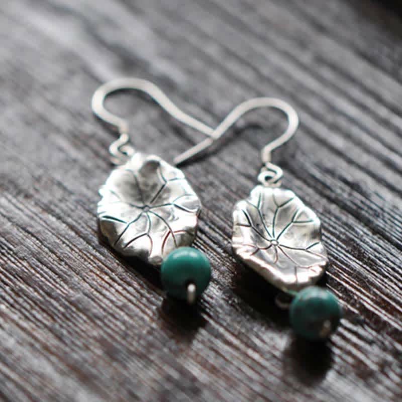 Boucles d'oreilles pendantes en feuille de lotus turquoise | Protection en argent 925