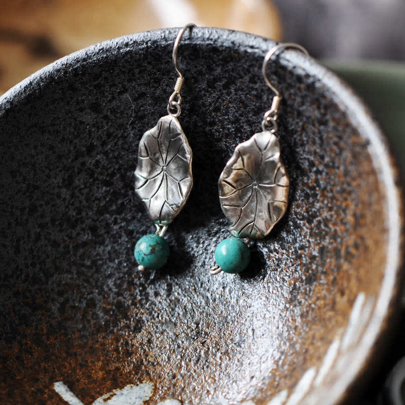 Boucles d'oreilles pendantes en feuille de lotus turquoise | Protection en argent 925
