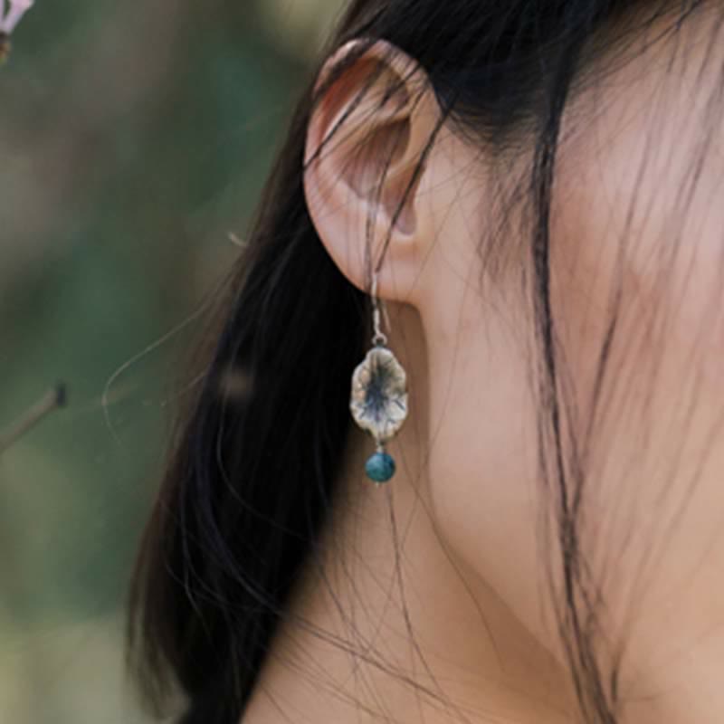 Boucles d'oreilles pendantes en feuille de lotus turquoise | Protection en argent 925