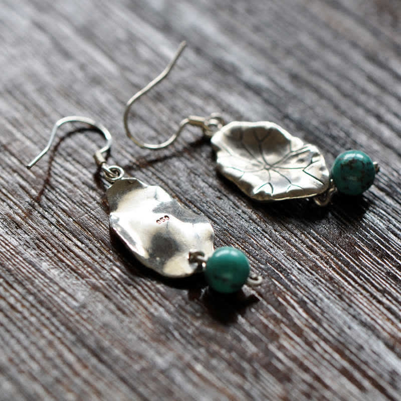 Boucles d'oreilles pendantes en feuille de lotus turquoise | Protection en argent 925