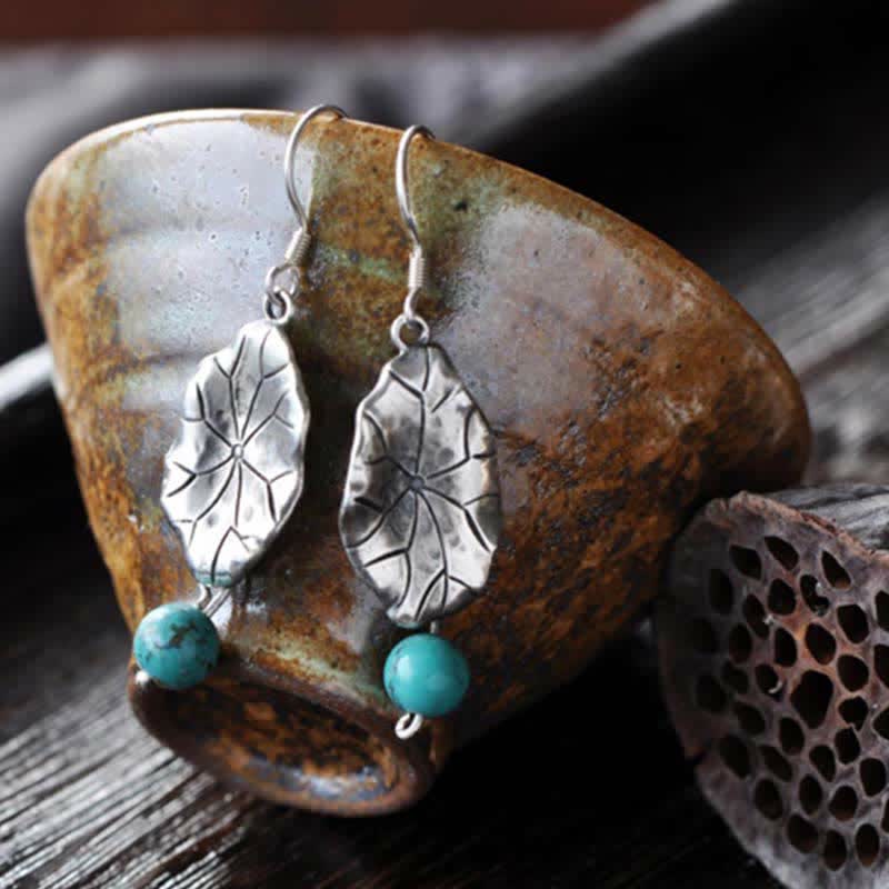 Boucles d'oreilles pendantes en feuille de lotus turquoise | Protection en argent 925
