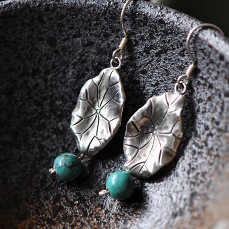Boucles d'oreilles pendantes en feuille de lotus turquoise | Protection en argent 925