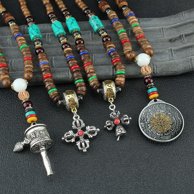 Collier roue de prière turquoise Om Mani Padme Hum