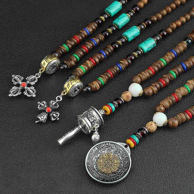 Collier roue de prière turquoise Om Mani Padme Hum