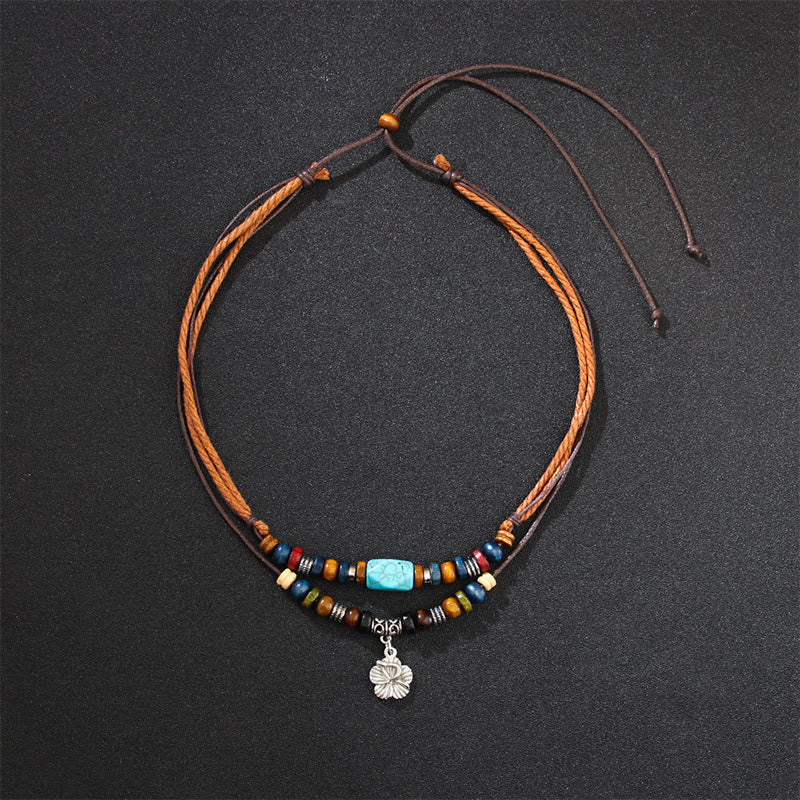 Collier et bracelet de protection double couche à petites fleurs turquoise