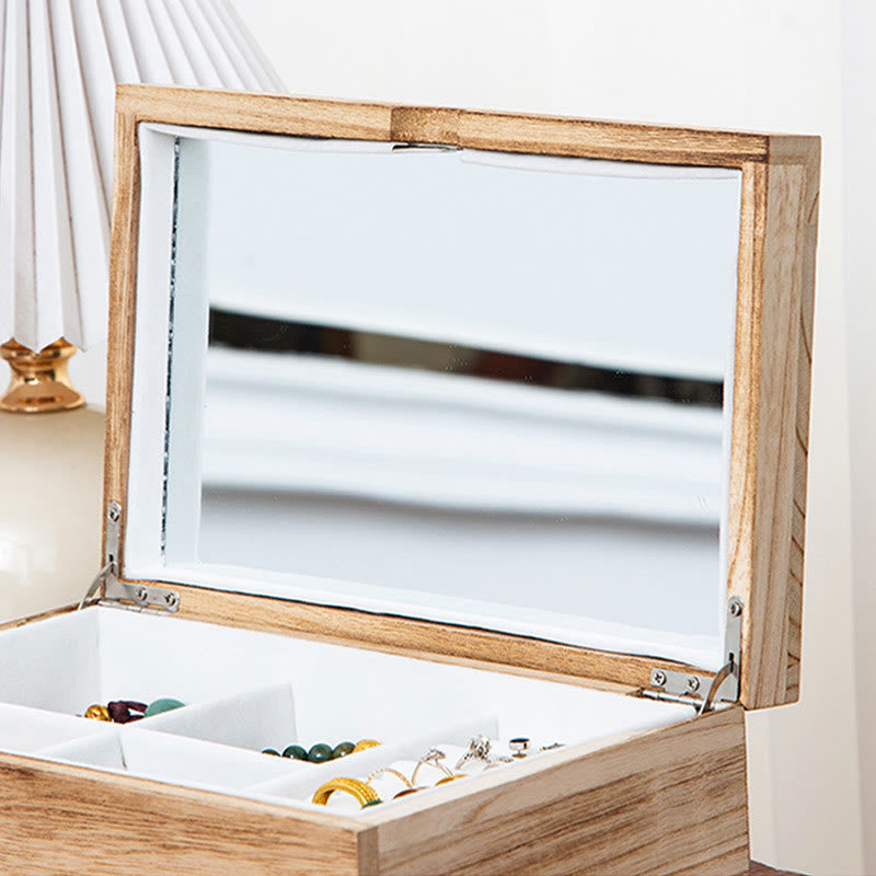 Coffret à bijoux en bois beige à deux niveaux avec miroir | Spiritual Home Accents