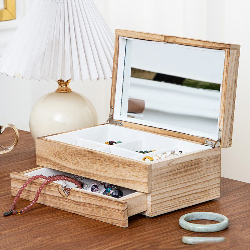 Coffret à bijoux en bois beige à deux niveaux avec miroir | Spiritual Home Accents