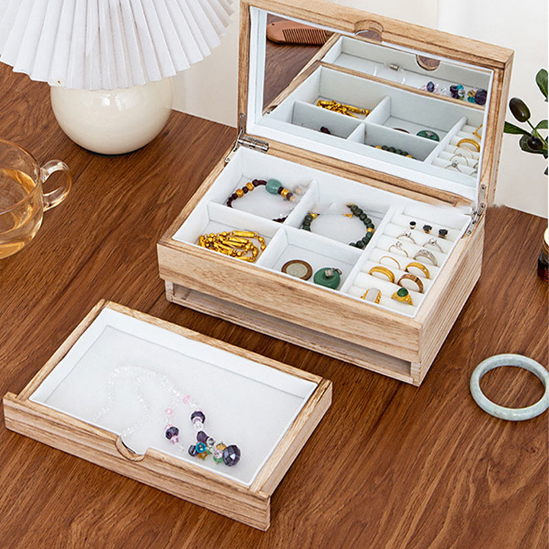 Coffret à bijoux en bois beige à deux niveaux avec miroir | Spiritual Home Accents