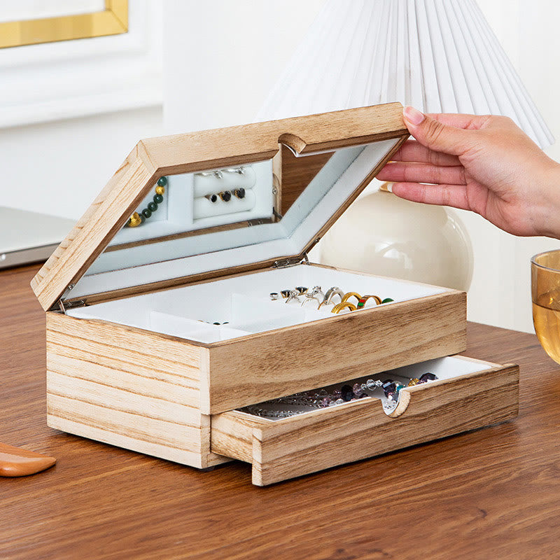 Coffret à bijoux en bois beige à deux niveaux avec miroir | Spiritual Home Accents