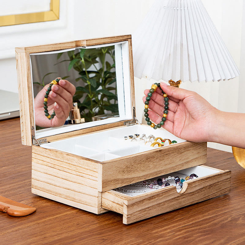 Coffret à bijoux en bois beige à deux niveaux avec miroir | Spiritual Home Accents