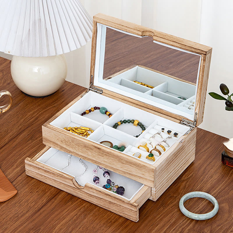 Coffret à bijoux en bois beige à deux niveaux avec miroir | Spiritual Home Accents
