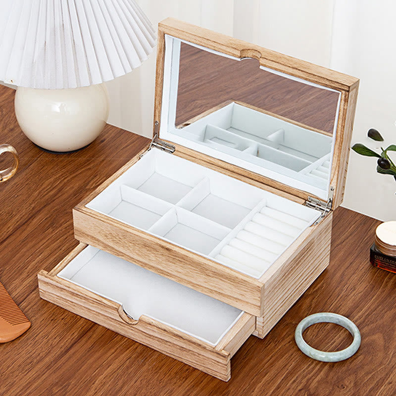 Coffret à bijoux en bois beige à deux niveaux avec miroir | Spiritual Home Accents