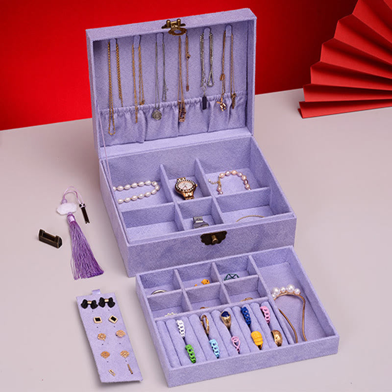Coffret à bijoux en flanelle à deux niveaux avec serrure pour une décoration zen