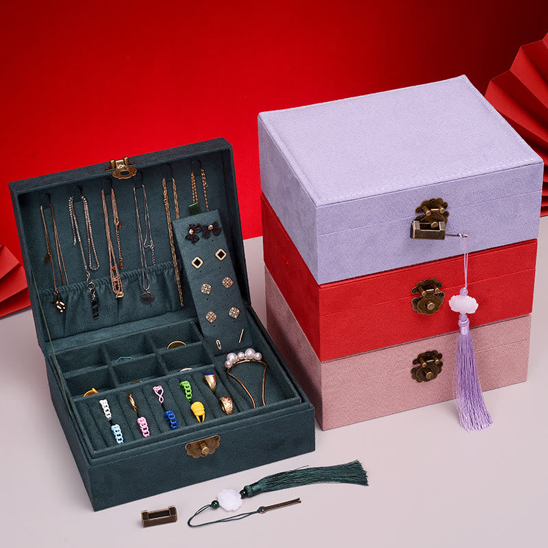 Coffret à bijoux en flanelle à deux niveaux avec serrure pour une décoration zen