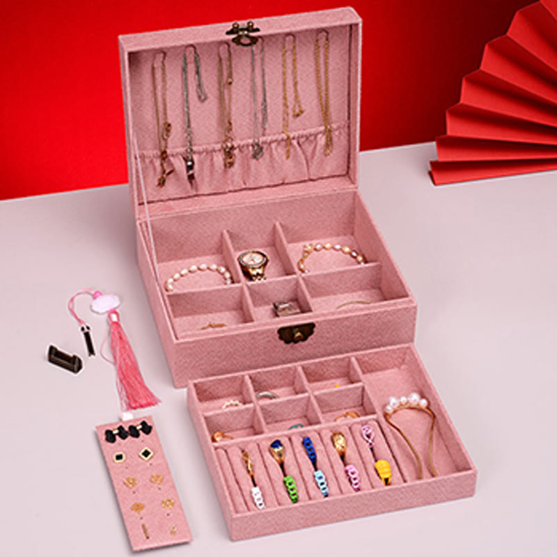 Coffret à bijoux en flanelle à deux niveaux avec serrure pour une décoration zen