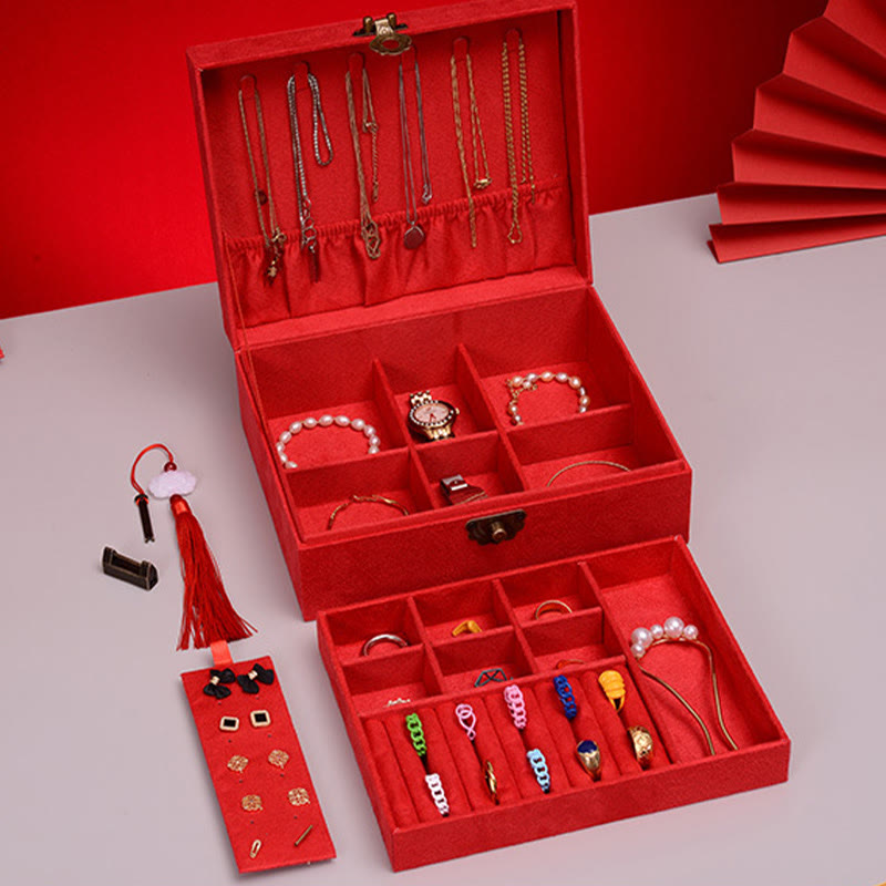 Coffret à bijoux en flanelle à deux niveaux avec serrure pour une décoration zen