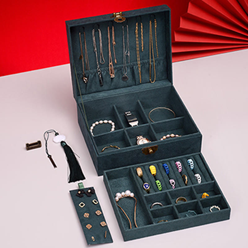 Coffret à bijoux en flanelle à deux niveaux avec serrure pour une décoration zen