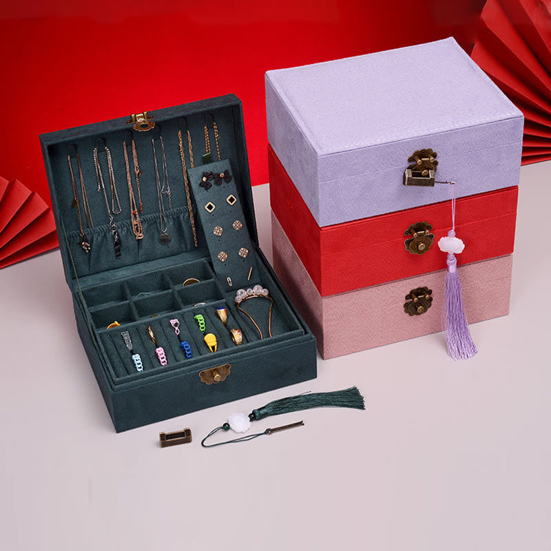 Coffret à bijoux en flanelle à deux niveaux avec serrure pour une décoration zen