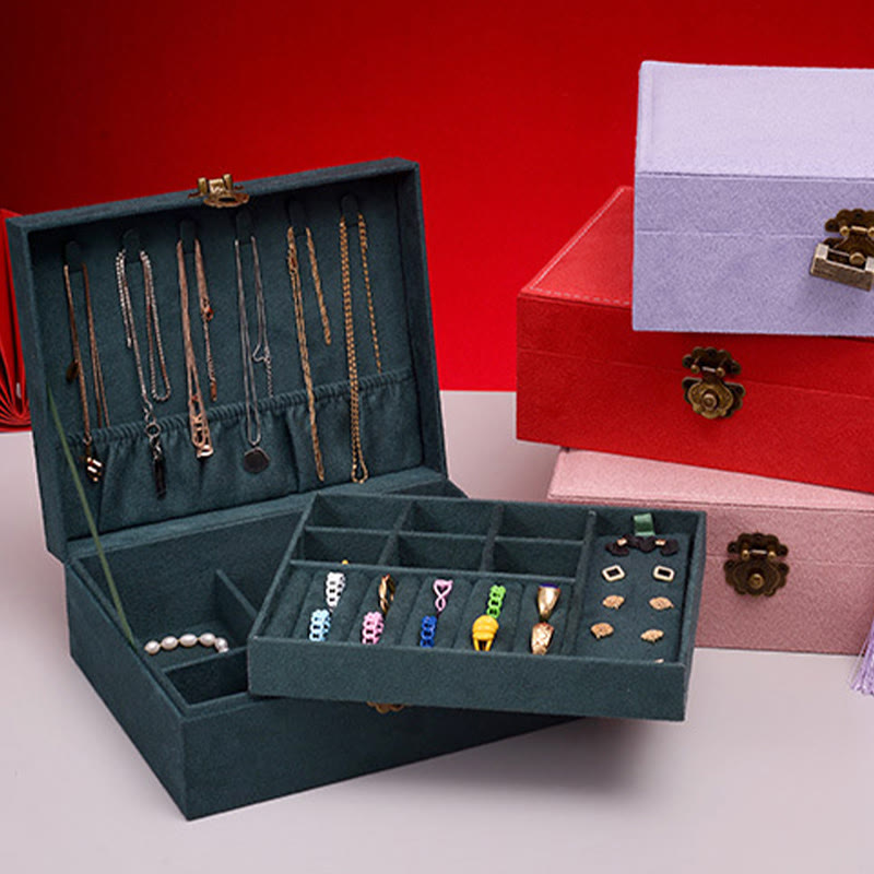 Coffret à bijoux en flanelle à deux niveaux avec serrure pour une décoration zen