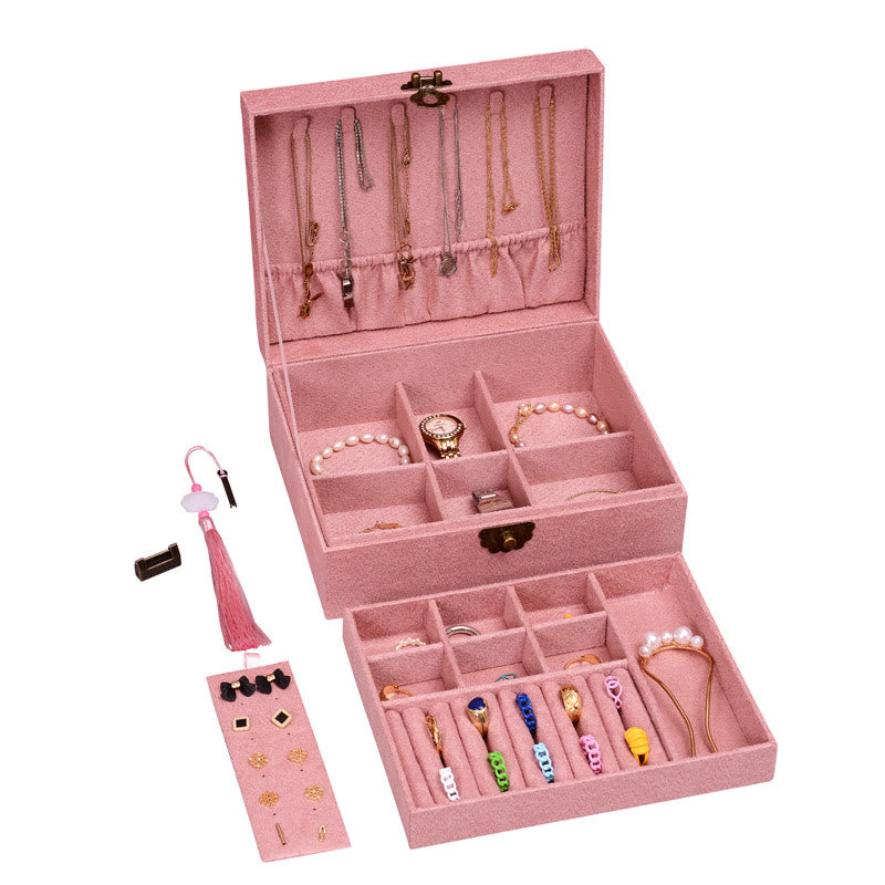 Coffret à bijoux en flanelle à deux niveaux avec serrure pour une décoration zen