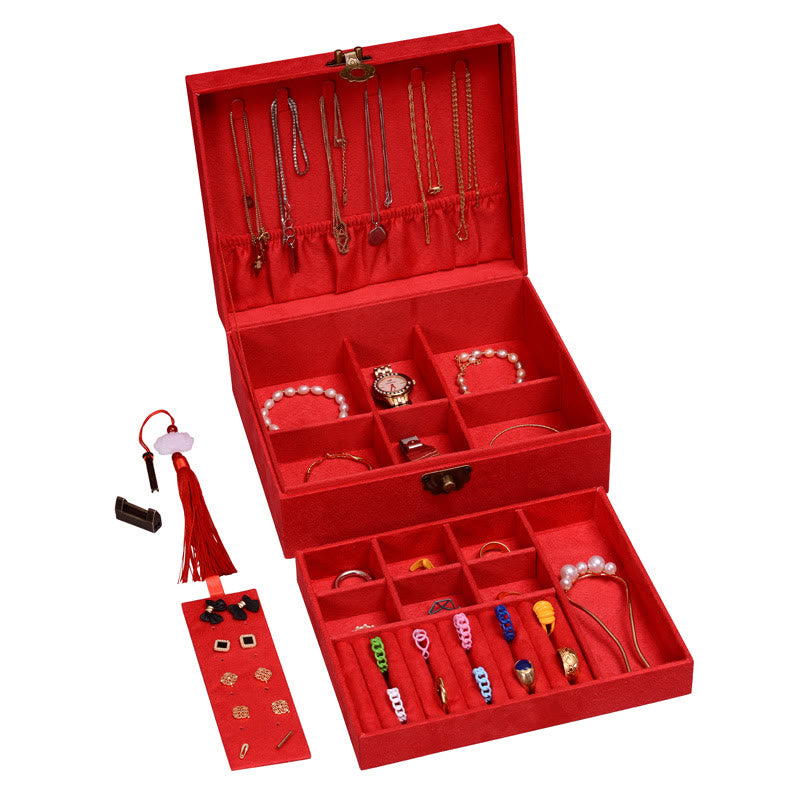 Coffret à bijoux en flanelle à deux niveaux avec serrure pour une décoration zen