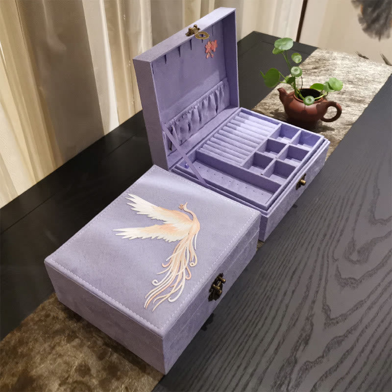 Boîte à bijoux en flanelle violette Phoenix à deux couches