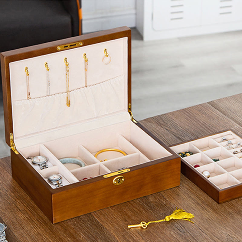 Coffret à bijoux en bois massif à deux niveaux | Rangement spirituel vintage