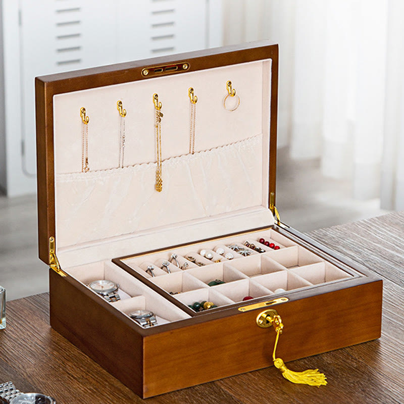 Coffret à bijoux en bois massif à deux niveaux | Rangement spirituel vintage