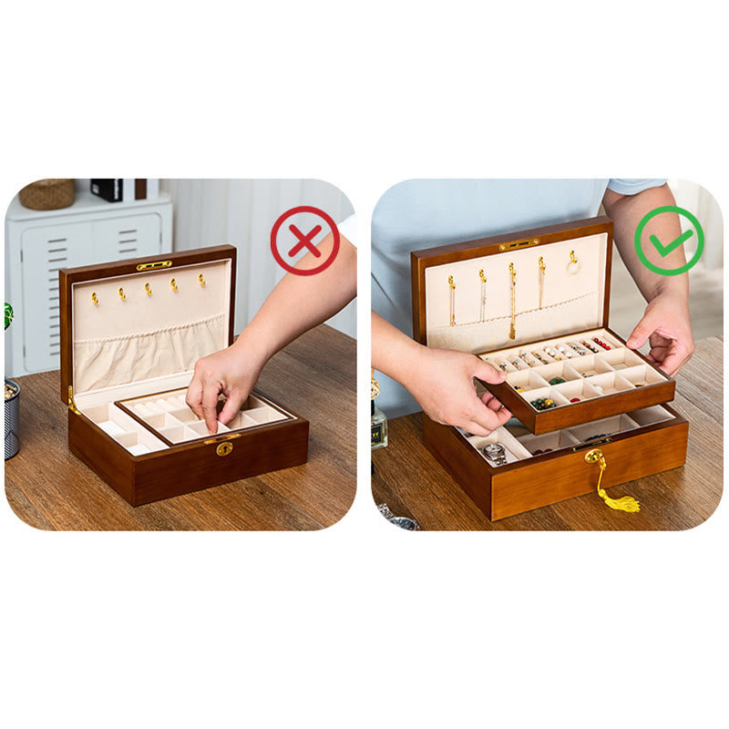 Coffret à bijoux en bois massif à deux niveaux | Rangement spirituel vintage