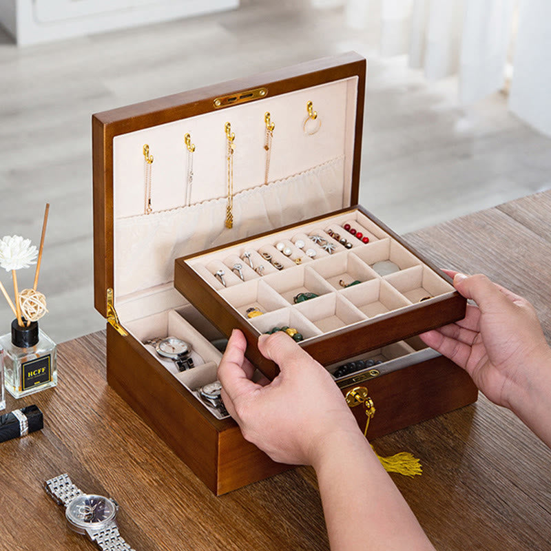 Coffret à bijoux en bois massif à deux niveaux | Rangement spirituel vintage