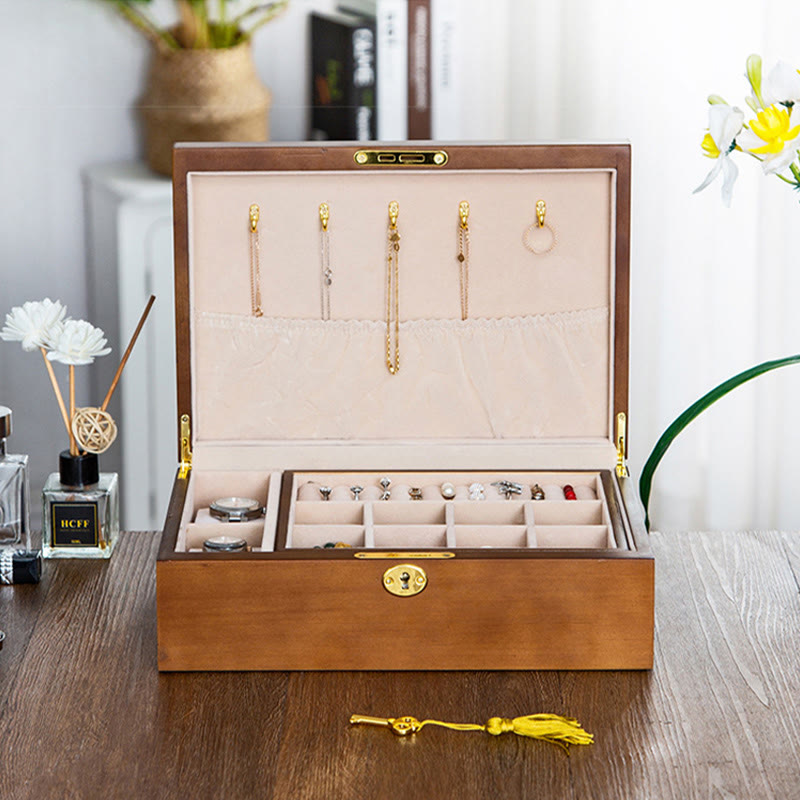 Coffret à bijoux en bois massif à deux niveaux | Rangement spirituel vintage