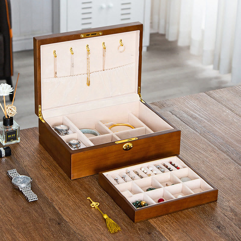 Coffret à bijoux en bois massif à deux niveaux | Rangement spirituel vintage